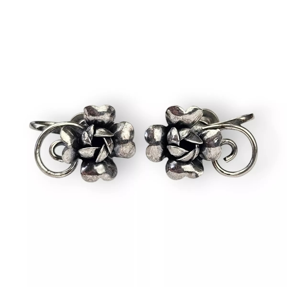 Sterling Rose Earrings Vintage Screwback Dimensional Spiral 925 Silver 3/4" Long